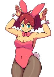 Rule 34 | 1girl, armpits, arms up, breasts, brown hair, cleavage, covered navel, green eyes, highres, iggybomb, large breasts, legs, leotard, playboy bunny, rabbit ears, rabbit pose, rabbit tail, saru getchu, sayaka (saru getchu), smile, solo, thick thighs, thighs, twintails