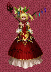 Rule 34 | 1girl, a line gown, absurdres, adapted costume, asymmetrical wings, blonde hair, bracelet, chongtian yixiao shualuanfei, dress, fingernails, flandre scarlet, flower, flower on head, gown, hair flower, hair ornament, high collar, highres, jewelry, laevatein, long dress, long fingernails, looking at viewer, necklace, red background, red dress, red eyes, sharp fingernails, side ponytail, simple background, solo, touhou, wings