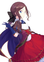 Rule 34 | 1girl, black bow, blue eyes, blue gloves, blush, bow, breasts, brown dress, brown hair, coffeekite, dress, elbow gloves, fate/grand order, fate (series), forehead, gloves, hair bow, highres, leonardo da vinci (fate), leonardo da vinci (fate/grand order), leonardo da vinci (rider) (fate), long hair, looking at viewer, parted bangs, ponytail, puff and slash sleeves, puffy short sleeves, puffy sleeves, red skirt, short sleeves, skirt, small breasts, solo, v