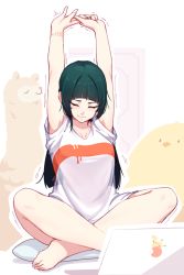 Rule 34 | 1girl, armpit peek, arms up, bare legs, barefoot, blunt bangs, blush, bracelet, closed mouth, collarbone, computer, creatures (company), cushion, dev (dev0614), facing viewer, full body, game freak, gen 1 pokemon, green hair, highres, indian style, jewelry, laptop, long hair, motion lines, nintendo, no pants, original, own hands together, pikachu, pokemon, pokemon (creature), shirt, short sleeves, signature, sitting, smile, solo, straight hair, stretching, stuffed alpaca, stuffed chicken, v-neck, white shirt
