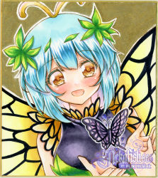Rule 34 | 1girl, animal, antenna hair, aqua hair, artist name, blush, brown eyes, bug, butterfly, butterfly wings, dress, eternity larva, fairy, graphite (medium), green dress, hair between eyes, highres, insect, insect wings, leaf, leaf on head, multicolored clothes, multicolored dress, nekofish666, open mouth, short hair, short sleeves, single strap, smile, solo, touhou, traditional media, upper body, watermark, wings
