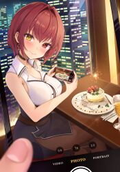 Rule 34 | absurdres, belt, birthday cake, blush, breasts, brown belt, brown pantyhose, building, button gap, cake, cake slice, candlelight, cellphone, chair, choker, city lights, closed mouth, collared shirt, cup, drinking glass, earrings, food, gold earrings, happy birthday, heterochromia, highres, holding, holding phone, hololive, houshou marine, houshou marine (businesswoman), jewelry, large breasts, mt mozuku, night, night sky, no headwear, official alternate costume, official alternate hair length, official alternate hairstyle, pantyhose, pencil skirt, phone, plate, red eyes, red hair, shirt, short hair, sitting, skirt, sky, sleeveless, sleeveless shirt, smartphone, smile, table, taking picture, virtual youtuber, wafer stick, window, yellow eyes