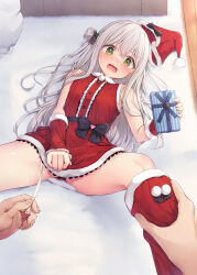 Rule 34 | 1boy, 1girl, bare shoulders, black bow, blush, bow, box, center frills, christmas, clothing cutout, commentary request, dress, frills, fur-trimmed dress, fur-trimmed headwear, fur-trimmed legwear, fur trim, gift, gift box, green eyes, grey hair, hair between eyes, hat, unworn hat, unworn headwear, heart, heart cutout, highres, holding, holding gift, kneehighs, long hair, lying, nose blush, on back, open mouth, original, out of frame, panties, red dress, red headwear, red socks, santa costume, santa hat, side-tie panties, sleeveless, sleeveless dress, socks, solo focus, sweat, tsuchikure, underwear, very long hair, white panties, wooden floor