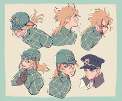 Rule 34 | argyle, argyle clothes, argyle sweater, bandage on face, bandages, blonde hair, blood, blood on face, blue eyes, character sheet, cracked skin, diego brando, expressions, gloves, hat, high collar, jojo no kimyou na bouken, long hair, male focus, military hat, mullet, namihaya, official alternate costume, scary monsters (stand), stand (jojo), steel ball run, sweater, turtleneck