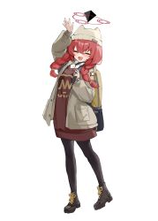 Rule 34 | 1girl, animal ear headwear, animal ears, arm up, backpack, bag, beanie, black footwear, black pantyhose, blue archive, boots, braid, closed eyes, collared shirt, fake animal ears, grey hat, grey jacket, halo, hat, highres, jacket, long sleeves, maki (blue archive), maki (camp) (blue archive), official alternate costume, open mouth, pantyhose, puffy long sleeves, puffy sleeves, red hair, red halo, red sweater vest, ro/ku, shirt, shoelaces, simple background, solo, standing, sweater vest, tachi-e, twin braids, white background, white shirt
