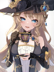 Rule 34 | 1girl, absurdres, bare shoulders, black dress, black gloves, black hat, blonde hair, blue eyes, blush, breasts, commentary, cup, dress, elbow gloves, flower, genshin impact, gloves, hat, hat flower, highres, holding, holding cup, holding saucer, jewelry, long hair, looking at viewer, medium breasts, navia (genshin impact), open mouth, saucer, simple background, smile, solo, teacup, upper body, ura (hamburg oniku), white background, witch hat