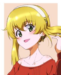Rule 34 | 1girl, alternate hairstyle, bare shoulders, blonde hair, blush, brown background, carpaccio (girls und panzer), commentary, earrings, girls und panzer, green eyes, hair up, hairband, hand in own hair, highres, jewelry, kayabakoro, long hair, long sleeves, looking at viewer, low twintails, off-shoulder shirt, off shoulder, open mouth, outside border, portrait, red shirt, shirt, smile, solo, textless version, twintails, white hairband