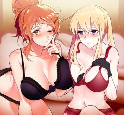 Rule 34 | 2girls, aquila (kancolle), asymmetrical docking, black gloves, black panties, blonde hair, blush, bra, breast press, breasts, closed mouth, collarbone, dongsa wonhyong, gloves, graf zeppelin (kancolle), hair between eyes, hair ornament, hairclip, highres, indoors, kantai collection, large breasts, looking at another, looking at viewer, multiple girls, navel, one eye closed, orange hair, panties, ponytail, purple bra, purple eyes, red panties, underwear, underwear only