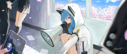 Rule 34 | animal hood, arm strap, black jacket, black skirt, blue eyes, blue hair, blue nails, blue sky, cellphone, cherry blossoms, commentary, dated, day, feet out of frame, glint, hair between eyes, highres, holding, holding hands, holding megaphone, hololive, hood, hood up, hooded jacket, hoshimachi suisei, hoshimachi suisei (school uniform), hz (helu 2), indoors, jacket, knees to chest, light blue hair, long hair, long sleeves, megaphone, miniskirt, motion blur, nail polish, official alternate costume, paper, parted lips, petals, phone, school, school uniform, signature, skirt, sky, smartphone, solo focus, squatting, tile floor, tiles, tree, virtual youtuber, white jacket, window