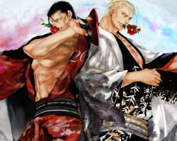 Rule 34 | black hair, blonde hair, blue eyes, capcom, fatal fury, flower, geese howard, hat, hideaki, japanese clothes, kimono, m. bison, male focus, snk, street fighter, the king of fighters, white eyes