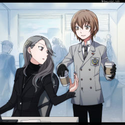Rule 34 | 10s, 1boy, 1girl, akechi gorou, coffee, coffee cup, cup, disposable cup, hair between eyes, indoors, insignia, jewelry, kazuichi, necklace, niijima sae, people, persona, persona 5, sitting, standing