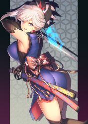 Rule 34 | 1girl, absurdres, ass, asymmetrical hair, blue eyes, blush, breasts, commentary request, earrings, fate/grand order, fate (series), from behind, hair ornament, highres, huge filesize, itaco, jewelry, large breasts, long hair, looking at viewer, miyamoto musashi (fate), miyamoto musashi (first ascension) (fate), open mouth, pink hair, ponytail, smile, solo, sword, weapon