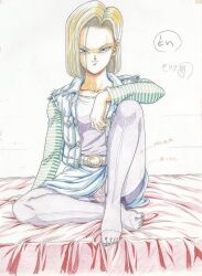 Rule 34 | android 18, bed, blonde hair, blue eyes, blue jacket, dragon ball, dragonball z, earrings, frown, genga, highres, jacket, jeans jacket, jewelry, legs, looking at viewer, panties, pink panties, pink shirt, scan, shirt, speech bubble, tagme, translation request, underwear, upskirt