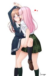 Rule 34 | 2girls, absurdres, artist name, bang dream!, bang dream! it&#039;s mygo!!!!!, black socks, blue eyes, blue shirt, blush, brown footwear, brown hair, chihaya anon, chinese commentary, closed mouth, commentary request, fffteam, green skirt, grey neckerchief, hand on another&#039;s thigh, haneoka school uniform, heart, highres, kiss, kissing cheek, kneehighs, leg up, loafers, long hair, long sleeves, multiple girls, nagasaki soyo, neckerchief, pink hair, pinned, plaid, plaid skirt, pleated skirt, sailor collar, school uniform, shirt, shoes, short sleeves, simple background, skirt, socks, tsukinomori school uniform, white background, white sailor collar, white shirt, yuri