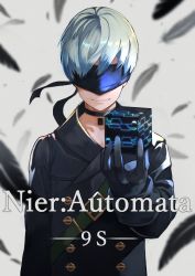 Rule 34 | 1boy, black feathers, black gloves, blindfold, character name, choker, commentary, commentary request, copyright name, covered eyes, cube, feathers, gloves, grey background, highres, holding, light smile, male focus, nier:automata, nier (series), silver hair, solo, 9s (nier:automata), yoshio (55level)