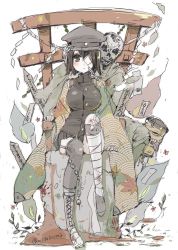 Rule 34 | 10s, 1girl, akitsu maru (kancolle), bandages, black eyes, black hair, black thighhighs, blood, boots, breasts, bruise, chain, dirt, fire, flower, gakuran, garter straps, ghost, hat, injury, japanese clothes, kantai collection, kimono, leaf, leg up, looking at viewer, military, military uniform, mito (go!go!king!), pleated skirt, remodel (kantai collection), rope, school uniform, shide, shimenawa, shoes, short hair, simple background, single shoe, sitting, skeleton, skirt, skull, solo, teeth, thighhighs, tombstone, tongue, torii, twitter username, uniform