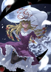 Rule 34 | 1girl, absurdres, black thighhighs, blonde hair, dress, elbow gloves, frilled dress, frills, full moon, gap (touhou), gloves, hair between eyes, hat, hat ribbon, highres, holding, holding umbrella, long hair, mob cap, moon, open mouth, otomeza ryuseigun, purple dress, purple eyes, red footwear, red ribbon, ribbon, shoes, short sleeves, solo, star (sky), thighhighs, touhou, umbrella, white gloves, white hat, yakumo yukari