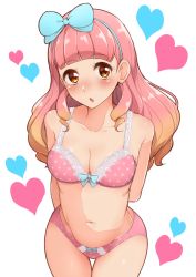 Rule 34 | 10s, 1girl, :o, aikatsu!, aikatsu! (series), aikatsu friends!, arms behind back, blue bow, blue hairband, blunt bangs, blush, bow, bow bra, bow panties, bra, breasts, cleavage, collarbone, commentary request, cowboy shot, gradient hair, hair bow, hairband, head tilt, heart, hip focus, lace, lace-trimmed bra, lace trim, leaning forward, long hair, looking at viewer, medium breasts, multicolored hair, navel, orange eyes, panties, partial commentary, pink bra, pink hair, pink panties, simple background, solo, thigh gap, thighs, tyranu, underwear, underwear only, white background, yuki aine