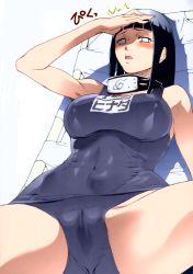 Rule 34 | beach chair, black hair, blush, breasts, cameltoe, chair, forehead protector, highres, hyuuga hinata, large breasts, long hair, lounge chair, naruto, naruto (series), one-piece swimsuit, pierre norano, pool, poolside, school swimsuit, shading eyes, skin tight, solo, spread legs, sun, swimsuit, wet spot