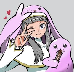 Rule 34 | 1girl, 1other, black eyes, digimon, digimon (creature), hat, looking at viewer, mochimon, nun, one eye closed, sistermon blanc, wink