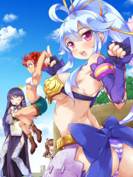 Rule 34 | 4girls, armor, armpits, arms behind head, arms up, ass, belt, bikini armor, black hair, blue hair, boots, bow, breasts, clenched hand, closed eyes, cloud, day, denim, denim shorts, detached sleeves, dress, elbow gloves, fingerless gloves, flower, flower knight girl, from behind, gloves, green eyes, grin, hair flower, hair ornament, hairband, hibiscus (flower knight girl), jumping, kougasha, large breasts, laughing, lavender (flower knight girl), loincloth, long hair, looking back, multiple girls, nazuna (flower knight girl), open mouth, original, panties, peeking, pink eyes, pointing, ponytail, red eyes, ribbon, shepherd&#039;s purse (flower knight girl), short hair, shorts, sideboob, sky, small breasts, smile, striped clothes, striped panties, sumire (flower knight girl), tank top, thighhighs, underwear, very long hair, violet (flower knight girl)