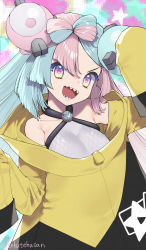 Rule 34 | 1girl, :d, character hair ornament, collarbone, commentary request, creatures (company), game freak, green hair, grey shirt, hair ornament, hands up, head tilt, highres, iono (pokemon), jacket, long hair, looking at viewer, murata tefu, nintendo, open mouth, pink hair, pokemon, pokemon sv, sharp teeth, shirt, sleeveless, sleeveless shirt, smile, solo, star (symbol), star in eye, symbol in eye, teeth, tongue, upper body, yellow jacket