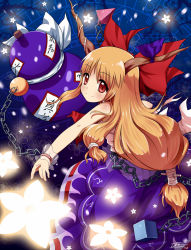 Rule 34 | 1girl, blonde hair, blue background, blue skirt, blush, bow, chain, demon girl, demon horns, floral background, floral print, from behind, gourd, hair bow, highres, horns, ibuki suika, idfer, long hair, looking at viewer, looking back, magic circle, print skirt, red eyes, shirt, short sleeves, skirt, smile, standing, touhou, white shirt