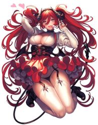 Rule 34 | 1girl, bad id, bad twitter id, breasts, cleavage, demon girl, demon tail, dress, garter straps, horns, kinm, large breasts, original, red hair, solo, tail, thighhighs, twintails