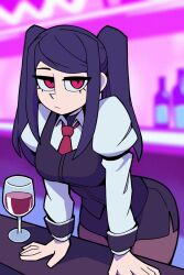 1girl alcohol bean52623818 black_hair black_skirt black_vest bottle breasts collared_shirt cup drinking_glass highres jill_stingray long_hair long_sleeves looking_at_viewer medium_breasts necktie pencil_skirt red_eyes red_necktie red_wine shirt short_twintails skirt solo twintails va-11_hall-a vest wine wine_bottle wine_glass