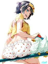 Rule 34 | 1girl, ass, black hair, bloomers, blue eyes, bra, bra peek, bra strap, breasts, buru-dai, commentary request, crop top, crop top overhang, cropped shirt, dimples of venus, foreshortening, hairband, highres, hololive, looking at animal, loungewear, median furrow, medium breasts, midriff, narrow waist, official alternate costume, official alternate hairstyle, on railing, oozora subaru, oozora subaru (loungewear), open mouth, orange bra, petting, polka dot, polka dot bloomers, railing, shirt, short hair, short sleeves, signature, sitting, smile, solo, subaru duck, swept bangs, two side up, underwear, virtual youtuber, white bloomers, wide hips, yellow hairband, yellow shirt