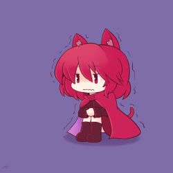 Rule 34 | 1girl, 216, animal ear fluff, animal ears, black shirt, blue background, boots, cape, cat ears, cat tail, chibi, closed mouth, full body, hair between eyes, kemonomimi mode, knees up, long sleeves, looking ahead, red cape, red eyes, red hair, sekibanki, shirt, short hair, sitting, solo, tail, touhou, trembling, wavy mouth
