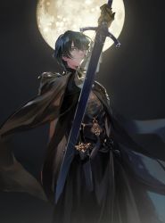 Rule 34 | 1boy, armor, belt, blue eyes, blue hair, breastplate, byleth (fire emblem), byleth (male) (fire emblem), en (enxxx), fire emblem, fire emblem: three houses, gauntlets, highres, long sleeves, looking at viewer, male focus, moon, night, night sky, nintendo, outdoors, short hair, sky, solo, sword, weapon