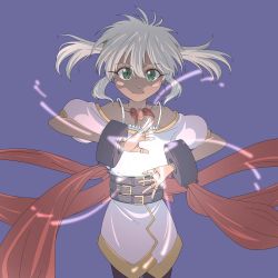 Rule 34 | 1girl, bangle, belt, black wristband, blush stickers, bracelet, closed mouth, dark-skinned female, dark skin, earrings, green eyes, highres, hoop earrings, jewelry, kaien advance, looking at viewer, necklace, short hair, simple background, smile, solo, souffle rosetti, star ocean, star ocean till the end of time, twintails, weapon, white hair