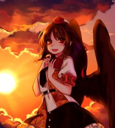 Rule 34 | 1girl, :d, above clouds, armband, belt, black belt, black hair, black necktie, black skirt, black wings, blouse, blush, book, clothes pin, cloud, cowboy shot, feathered wings, hands up, hat, holding, holding book, holding pen, looking at viewer, necktie, open mouth, orange sky, pen, petticoat, pointy ears, puffy short sleeves, puffy sleeves, red eyes, shameimaru aya, shan, shirt, short hair, short sleeves, skirt, sky, smile, solo, sun, sunset, tassel, tokin hat, touhou, translation request, white shirt, wing collar, wings