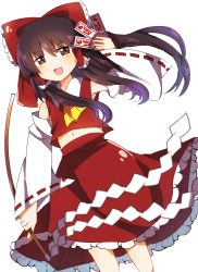 Rule 34 | 1girl, :d, ascot, bare shoulders, bow, brown eyes, brown hair, collared shirt, detached sleeves, dutch angle, feet out of frame, frilled bow, frilled hair tubes, frilled skirt, frills, gohei, hair between eyes, hair bow, hair tubes, hakurei reimu, highres, holding, japanese clothes, long sleeves, looking at viewer, medium hair, midriff, miko, ofuda, open mouth, red bow, red shirt, red skirt, ribbon-trimmed sleeves, ribbon trim, shirt, sidelocks, simple background, skirt, skirt set, sleeveless, sleeveless shirt, smile, solo, standing, touhou, white background, white sleeves, wide sleeves, yellow ascot, zerokosan