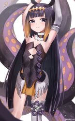 Rule 34 | 1girl, absurdres, armpits, arms up, black dress, breasts, clothing cutout, collar, cutout above navel, detached sleeves, dress, elbow gloves, fur-trimmed collar, fur trim, gloves, grey eyes, highres, hololive, hololive english, kotodekun, long hair, low wings, mole, mole under eye, ninomae ina&#039;nis, ninomae ina&#039;nis (1st costume), purple hair, short dress, single glove, single sleeve, single thighhigh, small breasts, strapless, strapless dress, tentacle hair, tentacles, thighhighs, tube dress, virtual youtuber, white collar, white gloves, white sleeves, white thighhighs, wings