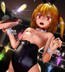 Rule 34 | 3d, alcohol, black leotard, breasts, champagne, detached collar, embarrassed, flandre scarlet, highres, holding, holding tray, indoors, leotard, mikumikudance (medium), navel, nipples, playboy bunny, small breasts, sou (gumin sou), touhou, tray, wardrobe malfunction, wrist cuffs