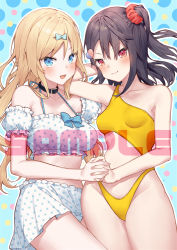 Rule 34 | 2girls, bare arms, bare shoulders, bikini, black hair, blonde hair, blue background, blue bow, blue eyes, blush, bow, breasts, broken heart, closed mouth, commentary request, detached sleeves, hair bow, hair ornament, hair scrunchie, hairclip, heart, heart hair ornament, holding hands, interlocked fingers, long hair, looking at viewer, medium breasts, multiple girls, one-piece swimsuit, one side up, original, polka dot, polka dot bikini, polka dot sleeves, puffy short sleeves, puffy sleeves, red eyes, red scrunchie, sample watermark, scrunchie, short sleeves, small breasts, smile, swimsuit, tokuno yuika, very long hair, watermark, white bikini, white sleeves, yellow one-piece swimsuit