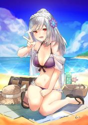 Rule 34 | 1girl, absurdres, aoiro (t aoiro123), azur lane, bare shoulders, bikini, black choker, black footwear, blue sky, breasts, choker, cleavage, cloud, day, dunkerque (azur lane), dunkerque (summer sucre) (azur lane), flower, hair flower, hair ornament, hat, highres, looking at viewer, medium breasts, navel, open mouth, outdoors, purple bikini, purple eyes, purple flower, red eyes, sandals, silver hair, sky, solo, straw hat, swept bangs, swimsuit, teeth, v, water