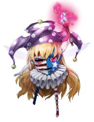 Rule 34 | 1girl, bad id, bad pixiv id, blonde hair, clownpiece, face, full body, hat, holding, jester cap, looking at viewer, mazeran, neck ruff, parody, persona, pink eyes, smile, solo, torch, touhou, transparent background, white background