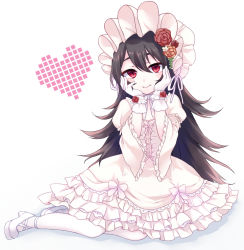Rule 34 | 1girl, blush, brown hair, closed mouth, commentary request, dress, fang, fang out, flower, gloves, gucchiann, hair between eyes, hair flower, hair ornament, hands on own cheeks, hands on own face, hands up, heart, high heels, highres, illya (small) (princess connect!), illya (princess connect!), juliet sleeves, lolita fashion, long hair, long sleeves, looking at viewer, pantyhose, pink dress, princess connect!, puffy sleeves, red eyes, red flower, red rose, rose, shoes, simple background, sitting, smile, solo, very long hair, white background, white footwear, white gloves, white pantyhose, wide sleeves, yokozuwari