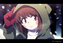 Rule 34 | 1other, arm up, black border, blurry, blurry background, border, branch, brown hair, chara (undertale), closed mouth, commentary, english commentary, forest, gloves, green hoodie, hood, hoodie, lari-lab, long sleeves, looking at viewer, nature, open clothes, open hoodie, outdoors, puffy long sleeves, puffy sleeves, red eyes, red gloves, short hair, smile, snow, snowing, solo, standing, storyshift, sweater, tree, turtleneck, turtleneck sweater, undertale, upper body, white sweater