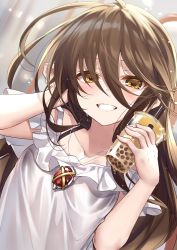 Rule 34 | 1girl, ahoge, alternate costume, blouse, blush, breasts, brown eyes, brown hair, bubble tea, casual, collarbone, cup, day, disposable cup, drinking straw, floating hair, glint, grin, hair between eyes, hand in own hair, hand on own cheek, hand on own face, holding, holding cup, jewelry, ks (xephyrks), long hair, looking at viewer, outdoors, pendant, shakugan no shana, shana, shirt, sidelocks, small breasts, smile, solo, sweat, upper body, very long hair, white shirt
