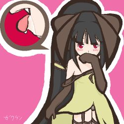 Rule 34 | 1girl, black hair, costume, creatures (company), fang, fangs, female focus, game freak, gen 3 pokemon, lowres, mawile, nintendo, personification, pokemon, red eyes, saliva, solo, strap slip