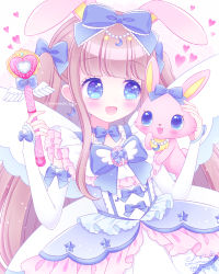 Rule 34 | 1girl, :d, animal ears, blue bow, blue dress, blue eyes, blush, bow, brown hair, character request, commentary request, creature, detached sleeves, dress, hair bow, heart, highres, himetsuki luna, holding, holding wand, jewelpet (series), long hair, long sleeves, magical girl, open mouth, rabbit ears, sleeves past wrists, smile, solo, two side up, very long hair, wand, white background, white sleeves