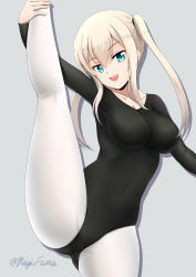 Rule 34 | 1girl, athletic leotard, ballerina, ballet, black leotard, blonde hair, blue eyes, breasts, commentary request, cowboy shot, flexible, fuuma nagi, graf zeppelin (kancolle), grey background, hair between eyes, kantai collection, large breasts, leg lift, leotard, looking at viewer, open mouth, pantyhose, sidelocks, simple background, solo, split, standing, standing on one leg, standing split, twintails, twitter username, white pantyhose