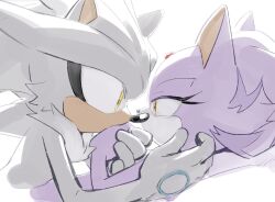 Rule 34 | 1boy, 1girl, animal ears, animal nose, blaze the cat, bloom, caress, caressing cheek, cat ears, cat girl, chest fluff, couple, eye contact, face-to-face, forehead jewel, from side, gem, grey fur, hair down, half-closed eyes, hand on another&#039;s cheek, hand on another&#039;s face, hedgehog boy, hedgehog ears, highres, kiss, kissing hand, light blush, long eyelashes, looking at another, lying, miijiu, nude, on back, profile, purple fur, red gemstone, silver the hedgehog, sketch, sonic (series), yellow eyes