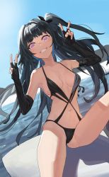 Rule 34 | 1girl, architect (girls&#039; frontline), architect (nvw model) (girls&#039; frontline), architect (type nvw) (girls&#039; frontline), black gloves, black hair, black one-piece swimsuit, blue sky, breasts, double v, elbow gloves, fingerless gloves, girls&#039; frontline, gloves, grin, had (had314), highres, long hair, looking at viewer, medium breasts, navel, one-piece swimsuit, one side up, purple eyes, rock, sitting, sitting on rock, sky, smile, solo, swimsuit, v