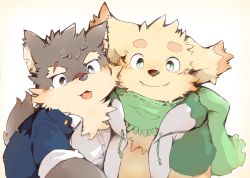 Rule 34 | 2boys, :p, animal ears, animal nose, blush, brown eyes, brown fur, chest tuft, collared shirt, commentary request, cu sith (housamo), dog boy, dog ears, dog tail, eyebrow cut, fangs, furry, furry male, gakuran, green eyes, green jacket, green scarf, jacket, kinoko3331, male focus, moritaka (housamo), multicolored clothes, multicolored jacket, multiple boys, open clothes, open jacket, scar, scar on face, scarf, school uniform, shirt, short hair, tail, thick eyebrows, tokyo houkago summoners, tongue, tongue out, two-tone jacket, upper body, white shirt, yellow background, yellow fur