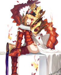Rule 34 | 1girl, blonde hair, boots, crown, dragon tail, elbow gloves, fate/grand order, fate (series), fire, gloves, highres, leg up, nero claudius (fate), nero claudius (fate) (all), queen draco (fate), queen draco (second ascension) (fate), red eyes, red scales, sitting, solo, su ke234, tail, thigh boots